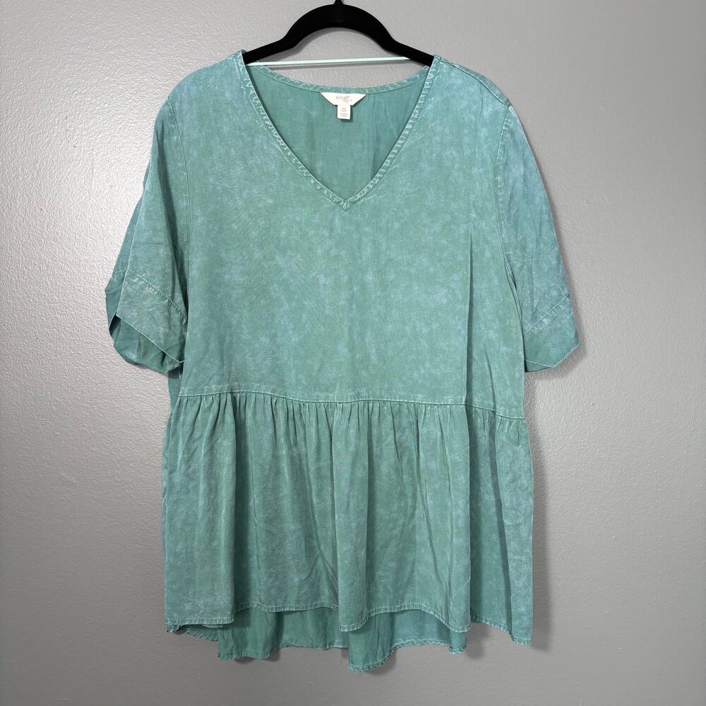 Terra & Sky Lagenlook Boho Green Peplum Top - Size 0X (14W) - Women's Plus Size